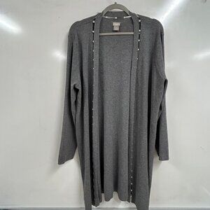 0486 Chico’s Gray Pearl Trim Duster Cardigan Open Front quiet luxury size 3